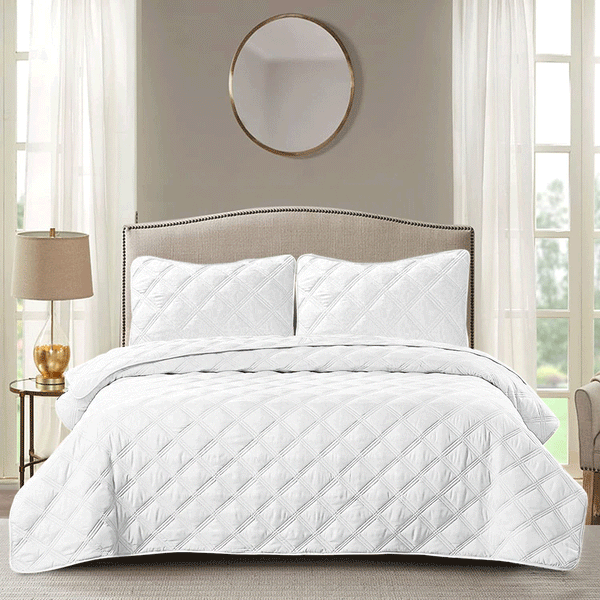 3 Piece Washed 100% Cotton Solid Quilt Set  - White